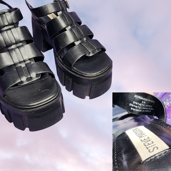 Steve Madden Black Strappy Chunky Goth Punk Grunge Gladiator Platform Sandal 5 - Picture 5 of 6